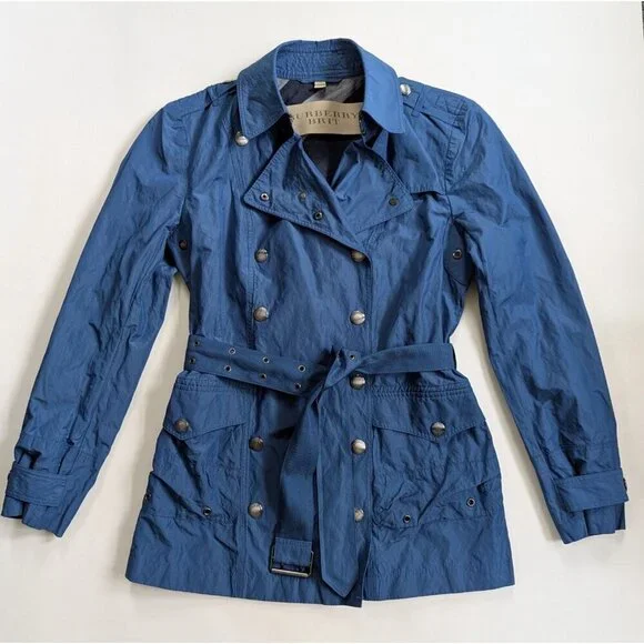 Burberry Brit Blue Women’s Sz 12 Double Breasted Short Trench Coat Lightweight - Picture 8 of 16